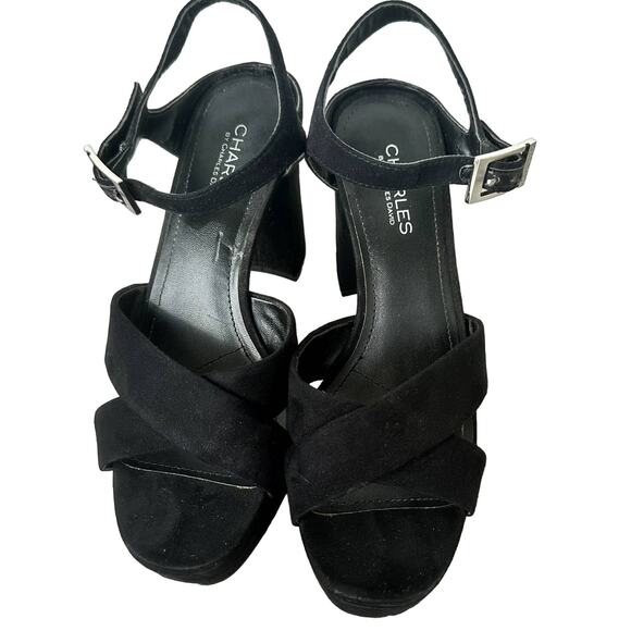 Charles David Open Toe Block Platform Heels, Suede Black Sandals Size 8.5 - Picture 5 of 5